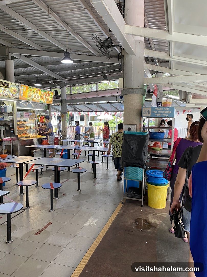 Food court with tables and people