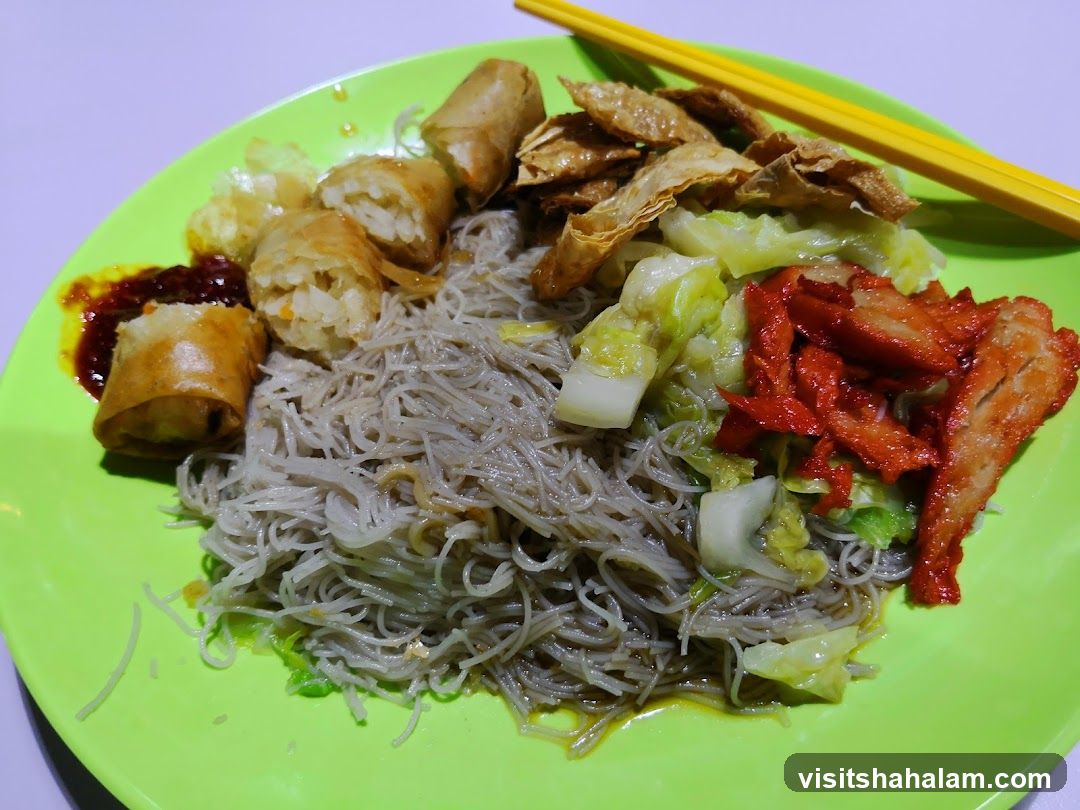 Noodles with Spring Rolls and Meat