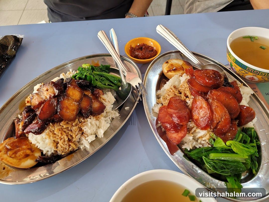 Two plates of rice with meat and vegetables
