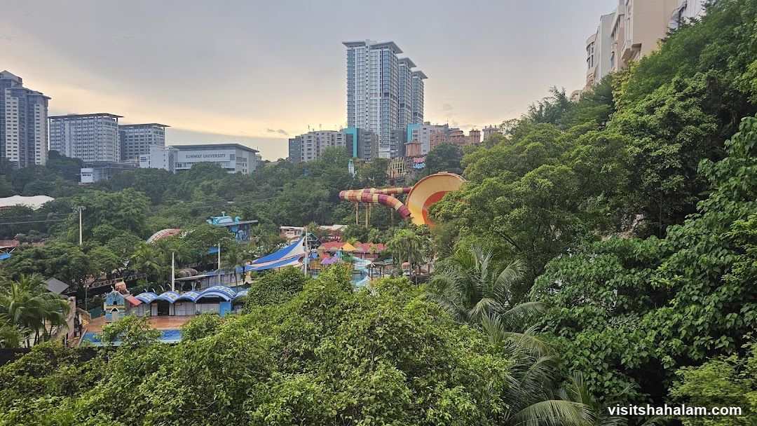 Water Park with Tall Buildings and Lush Greenery