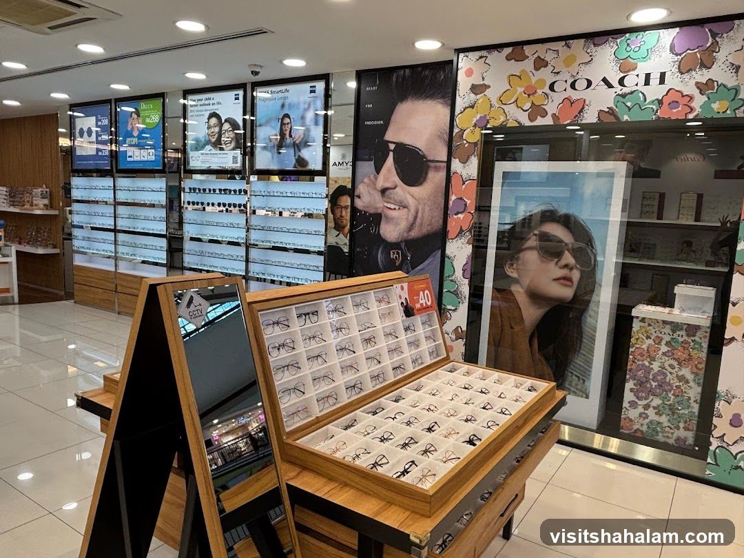 Eyewear store interior with displays of glasses and advertisements