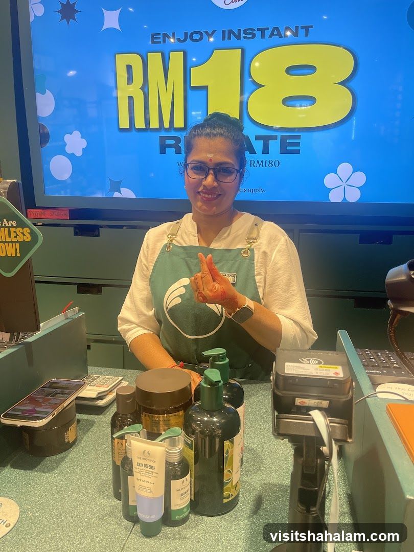 Woman at a counter with products