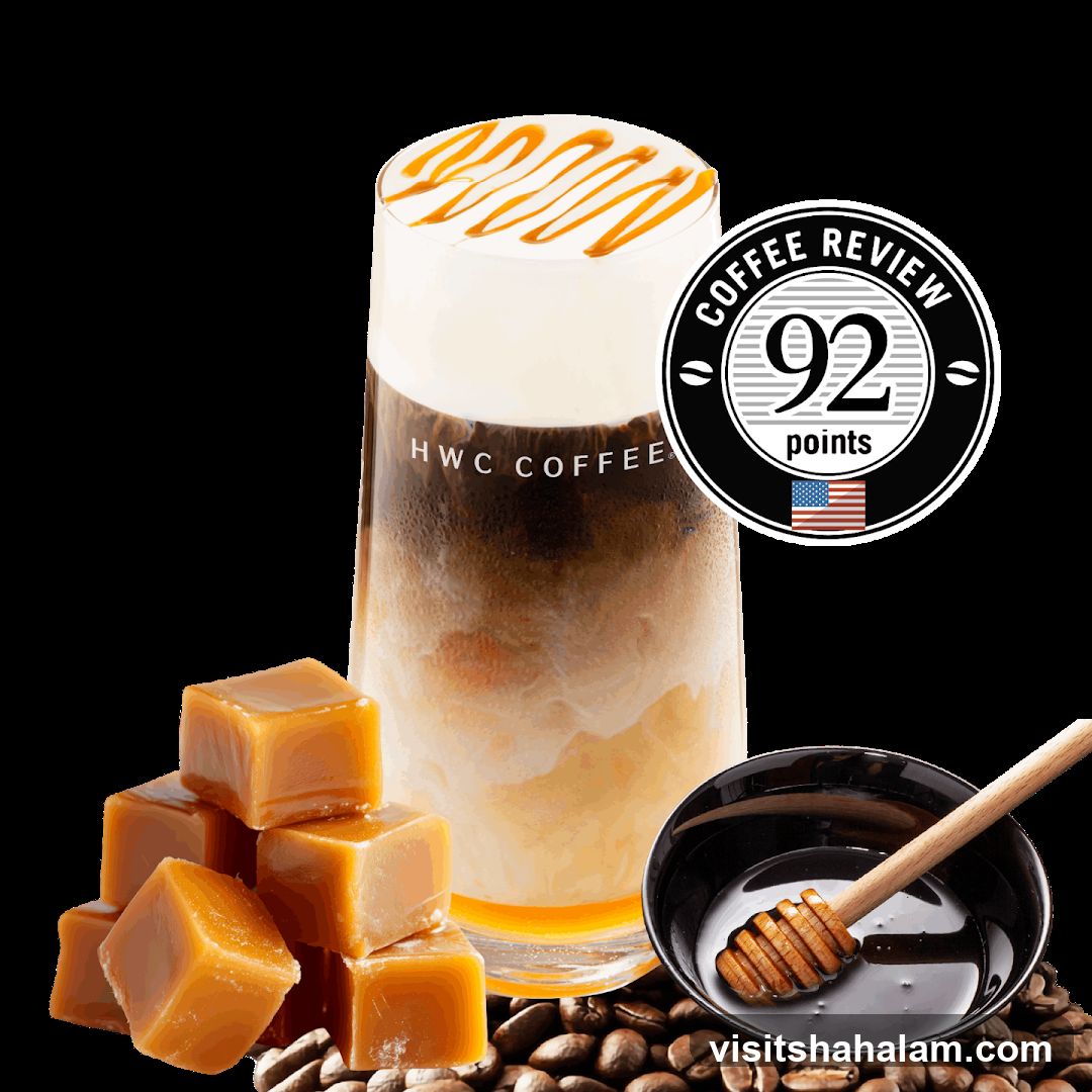 Caramel Coffee Drink with Coffee Review Badge