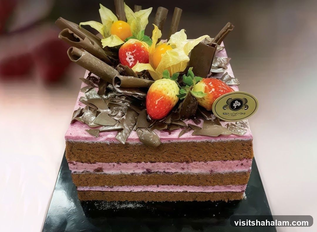 Rectangular Chocolate Cake with Berries and Chocolate Garnish