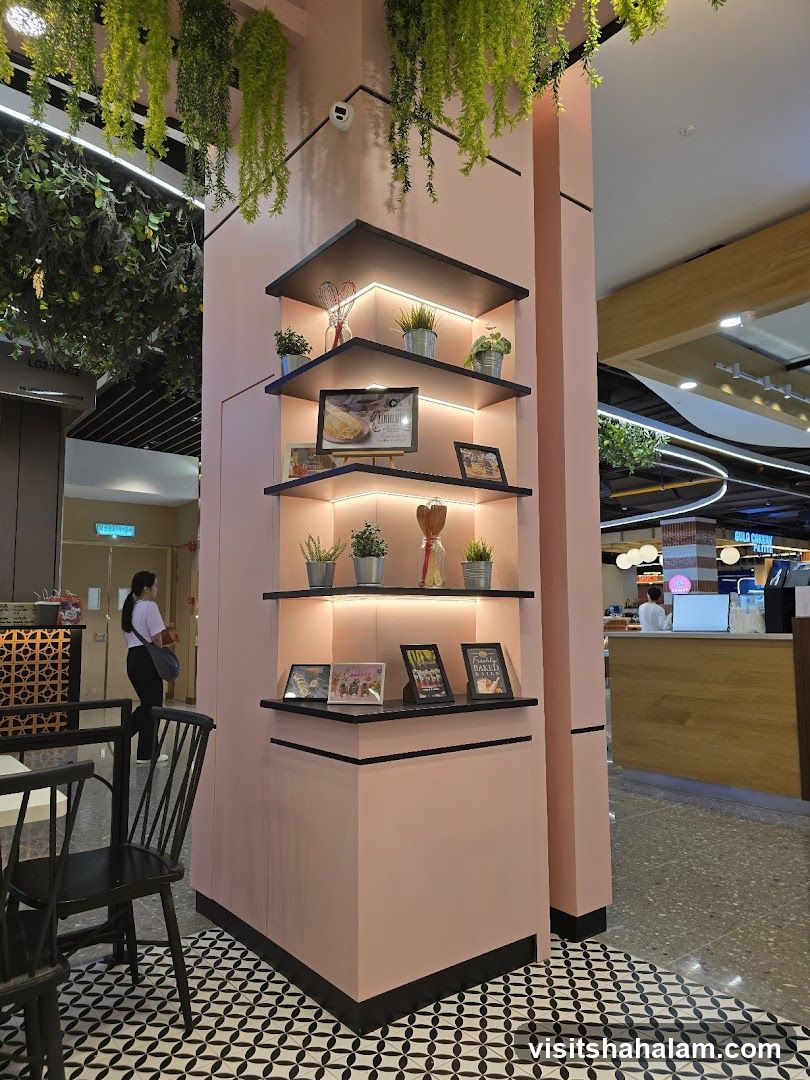 Display shelves with baked goods and decor