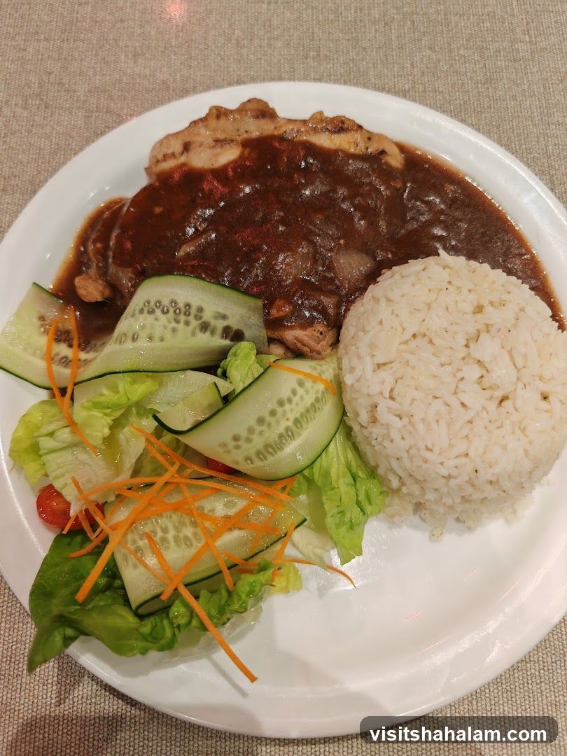 Chicken with Gravy, Rice, and Salad