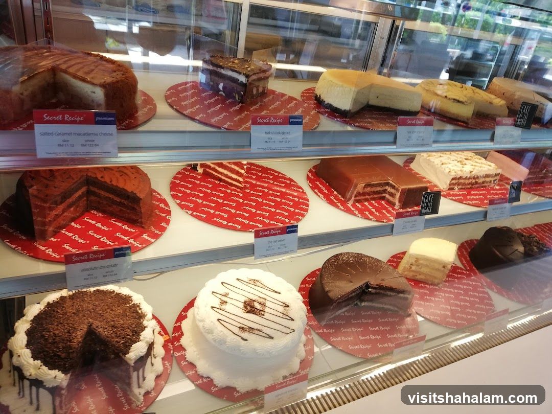 Cakes in a display case