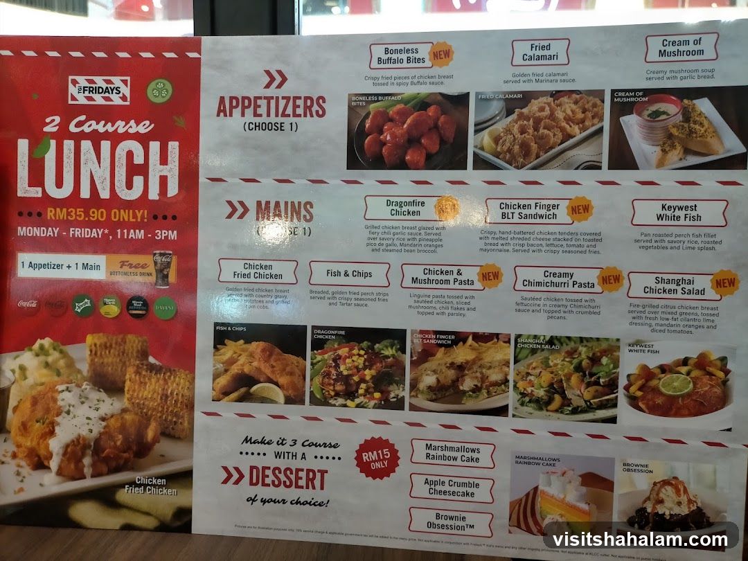 TGI Fridays 2 Course Lunch Menu