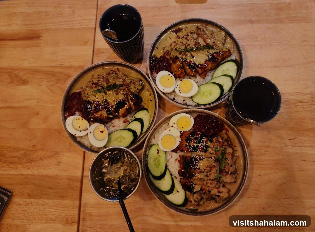 Three Chicken Rice Dishes with Drinks