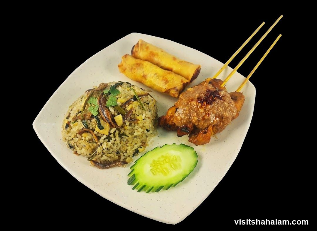 Chicken Satay with Fried Rice and Spring Rolls