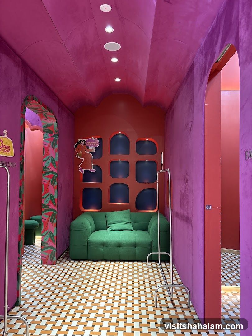Vibrant Fitting Room with Green Sofa