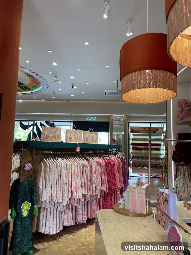 Clothing store interior with racks of colorful garments