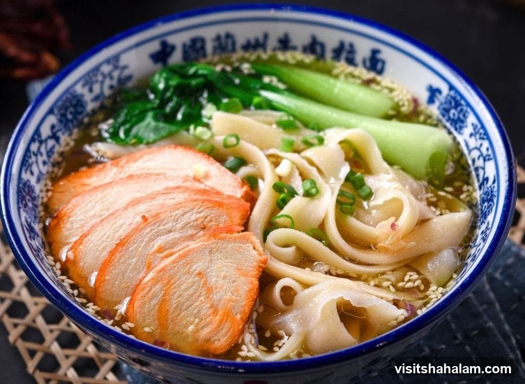 Noodle Soup with Sliced Meat and Greens