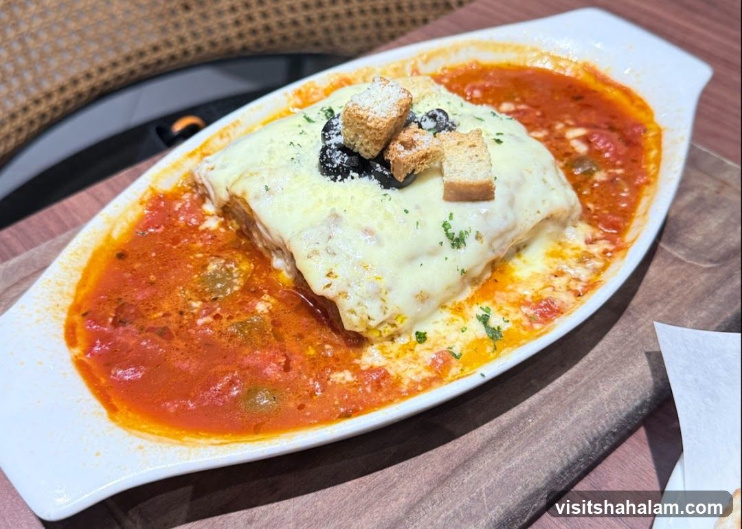Lasagna with Tomato Sauce and Croutons