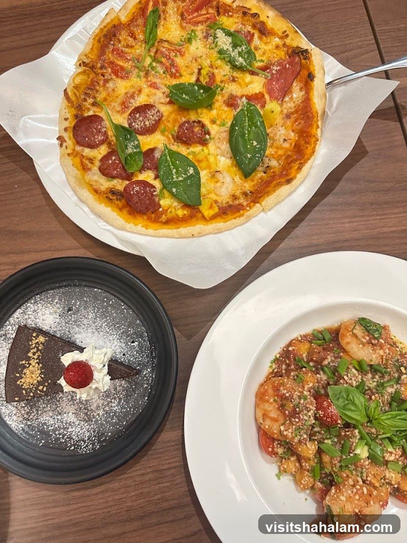 Pizza, Shrimp Dish, and Chocolate Cake
