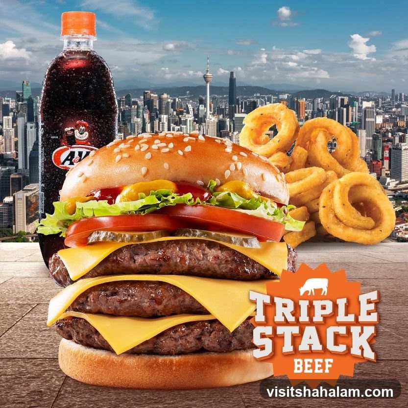 Triple Stack Beef Burger with Onion Rings and A&W Root Beer