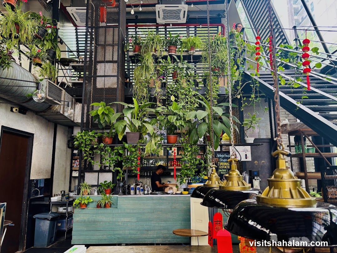 Indoor cafe with abundant plants