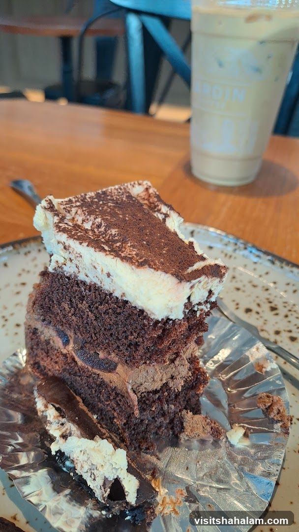 Chocolate cake and iced coffee