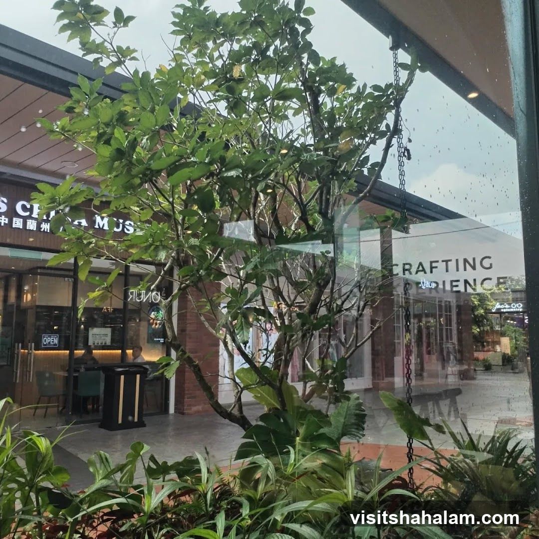 View through a window of a shopping arcade