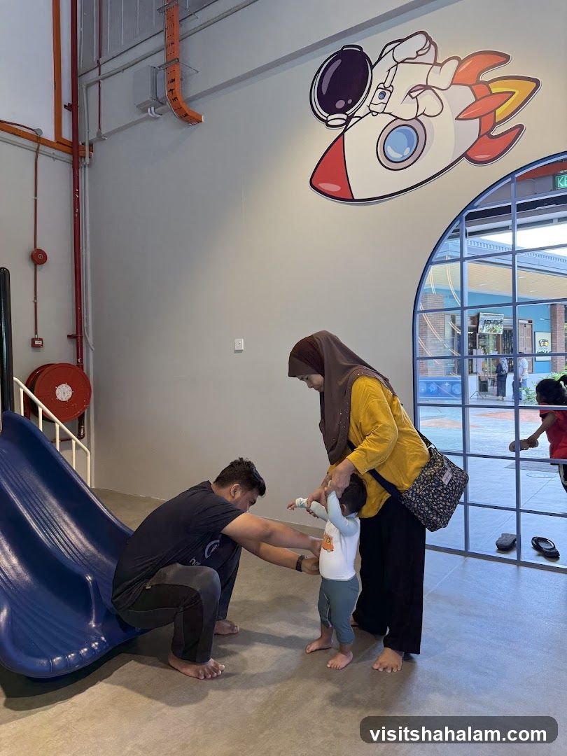 Family playing in a themed indoor play area