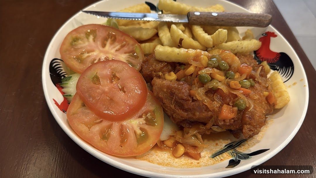 Chicken dish with fries and salad