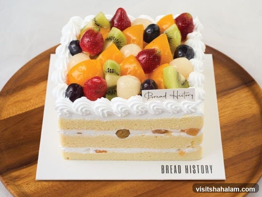 Square cake with assorted fruits and whipped cream