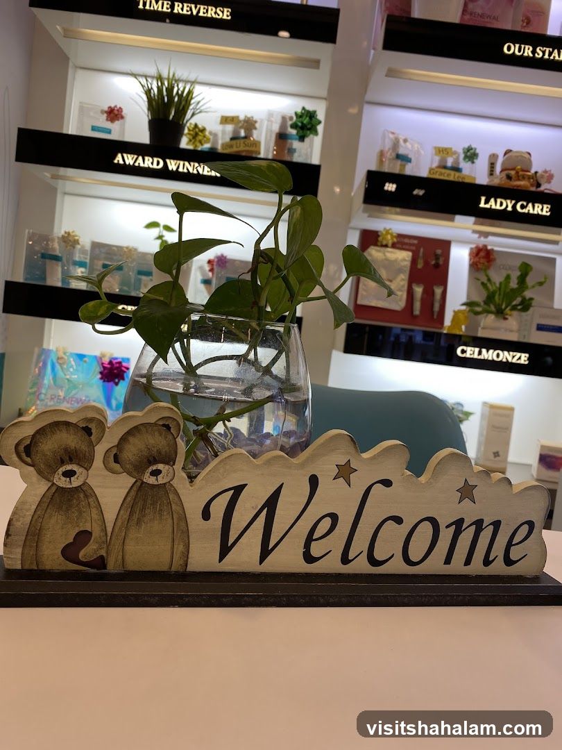 Welcome sign with teddy bears and plant