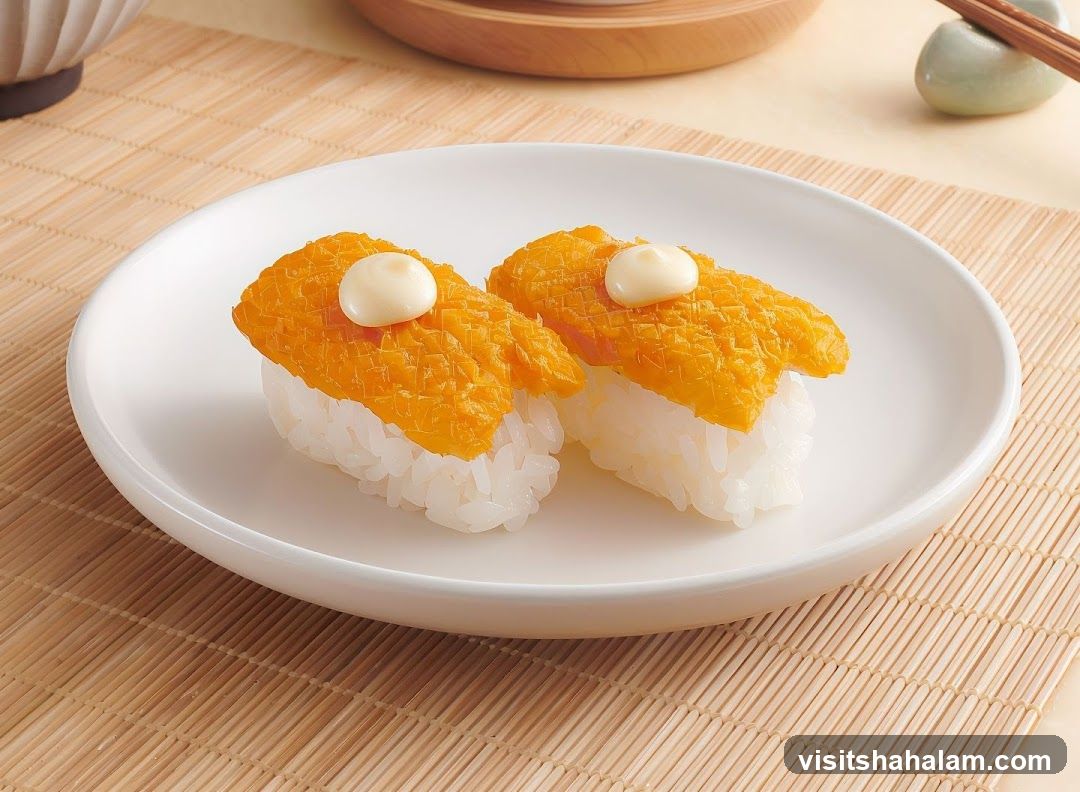 Two pieces of sushi with orange topping and white sauce