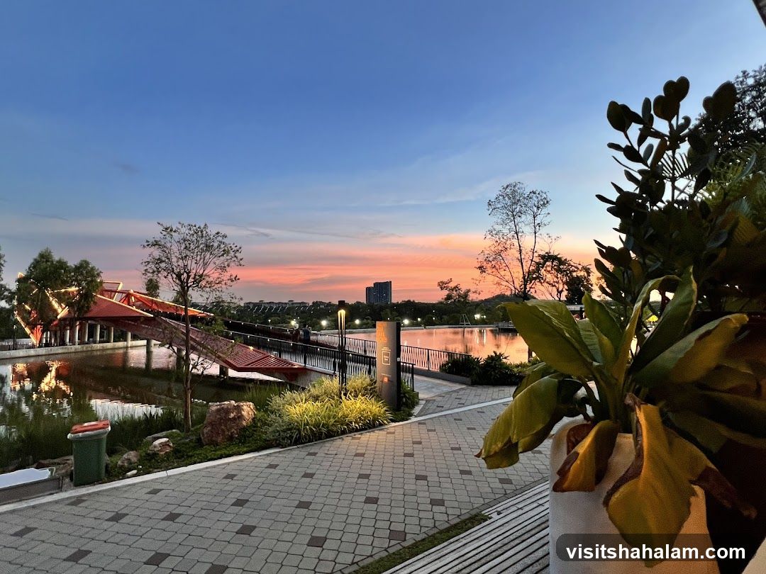 Waterside park at sunset