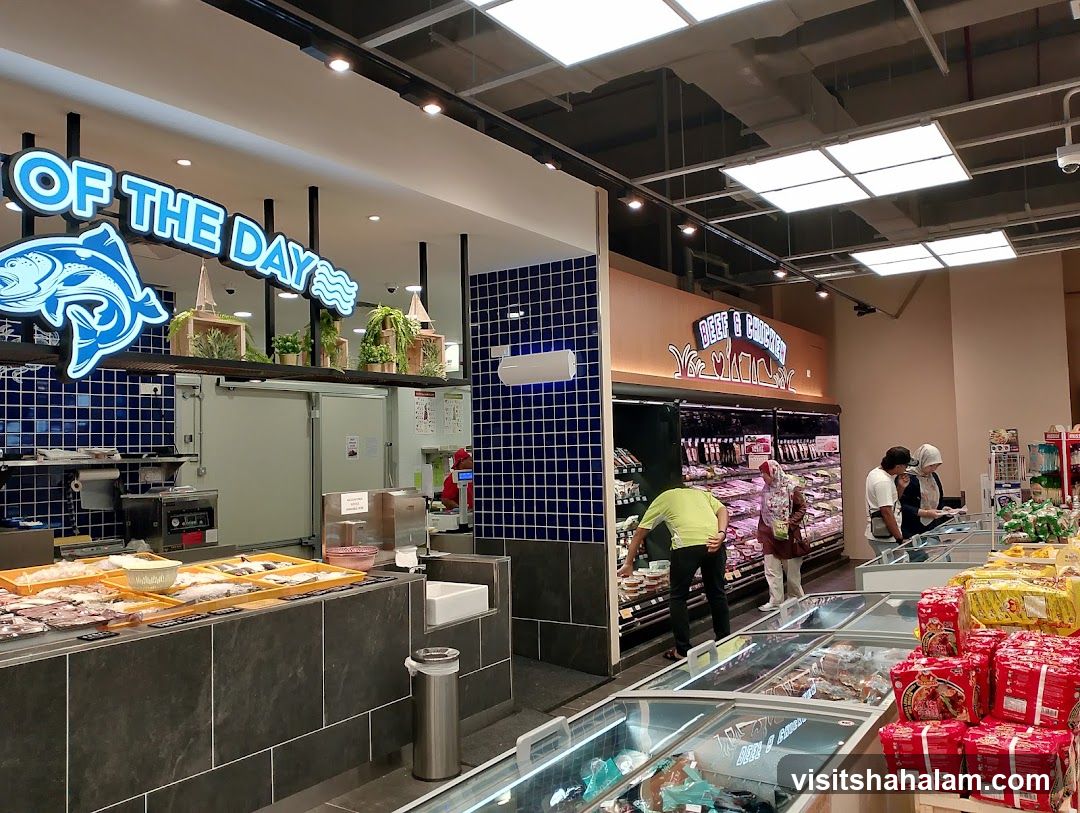 Seafood and Meat Counters in a Supermarket