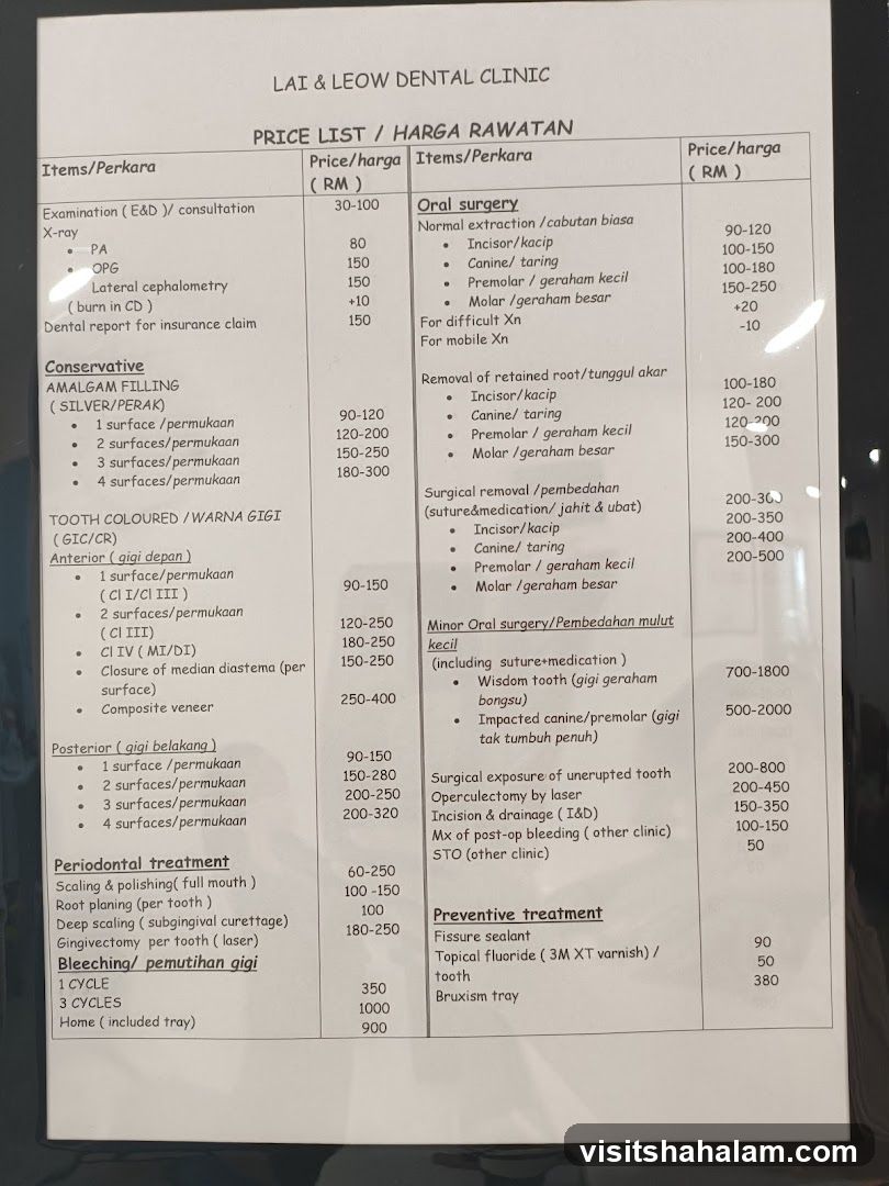 LAI & LEOW DENTAL CLINIC PRICE LIST / HARGA RAWATAN