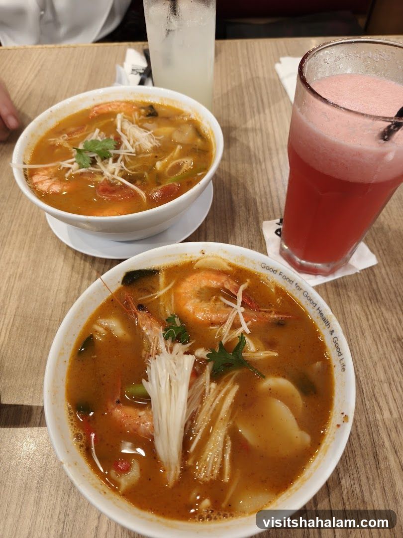 Tom Yum Soup with Shrimp and Drinks