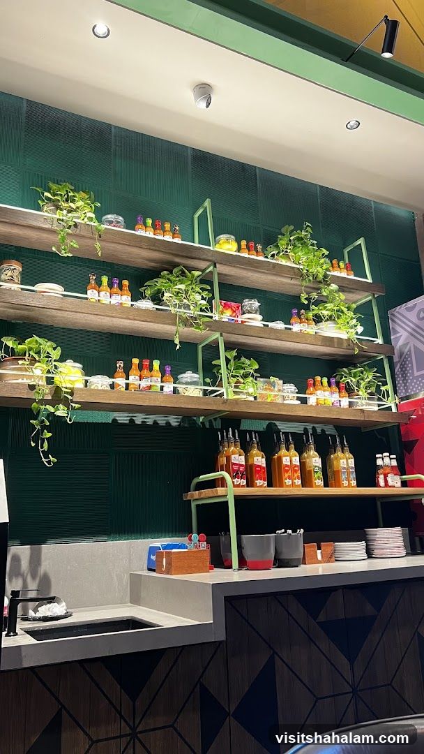 Restaurant Shelving with Sauces and Plants