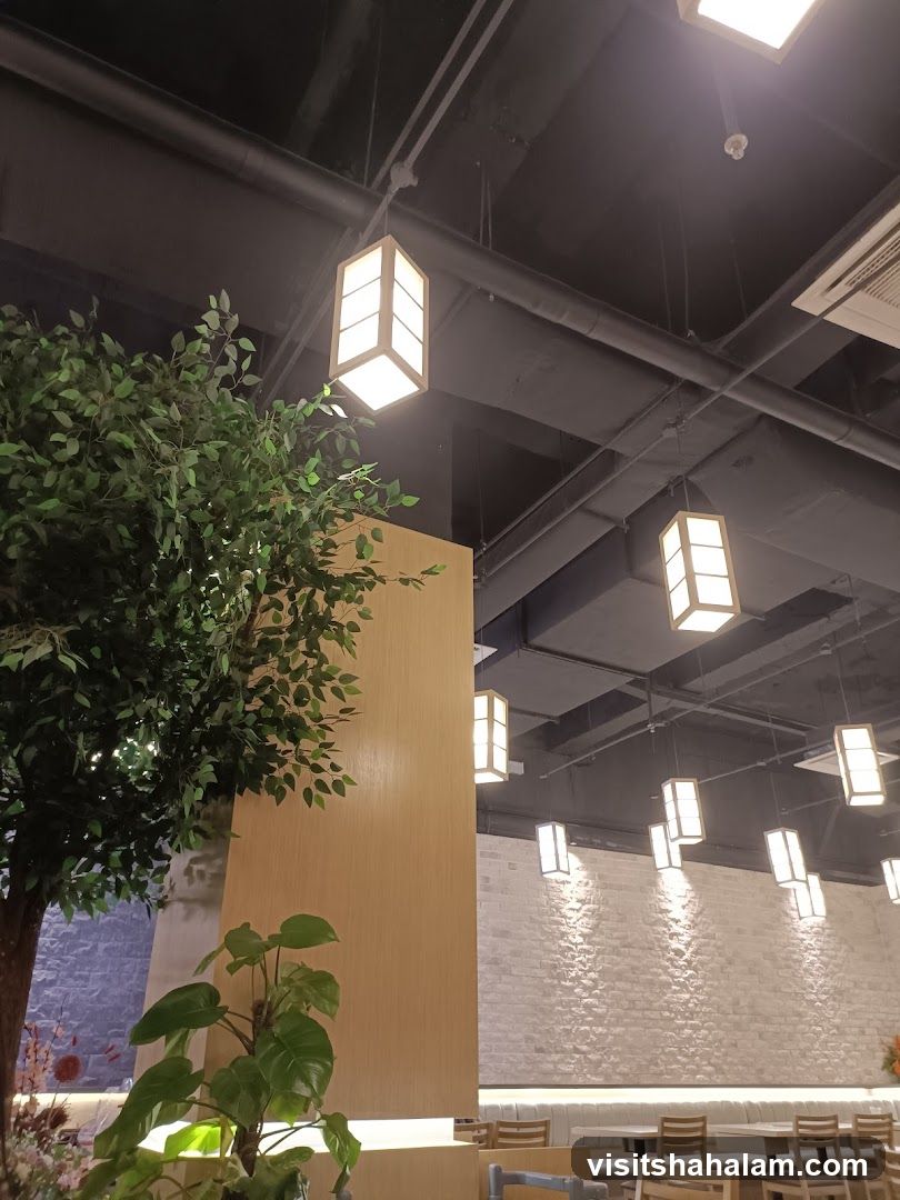 Restaurant Interior with Lanterns and Plants