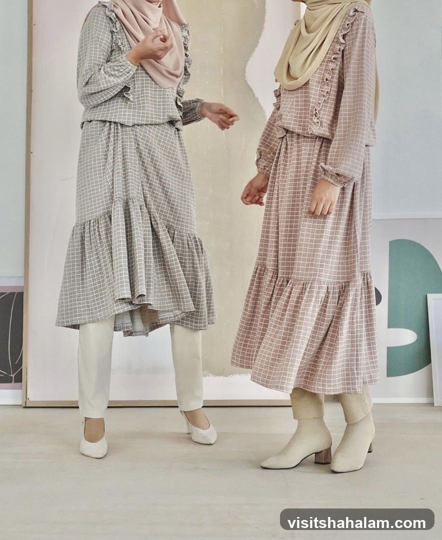 Two women in checkered outfits
