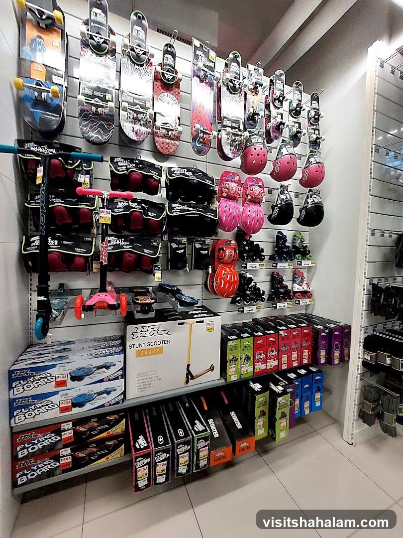 Skateboards, Scooters, and Protective Gear Display