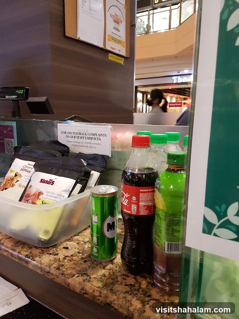 Counter with beverages and food items