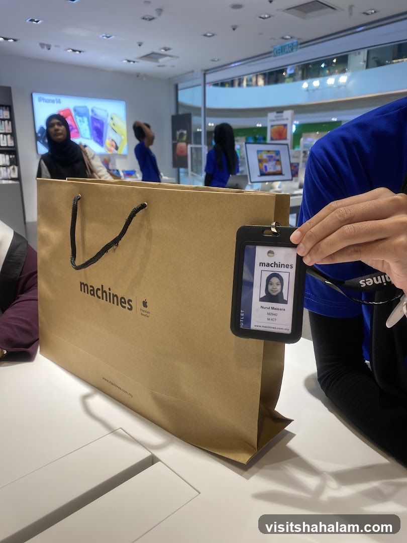 Apple Store Interior with Shopping Bag and ID Badge