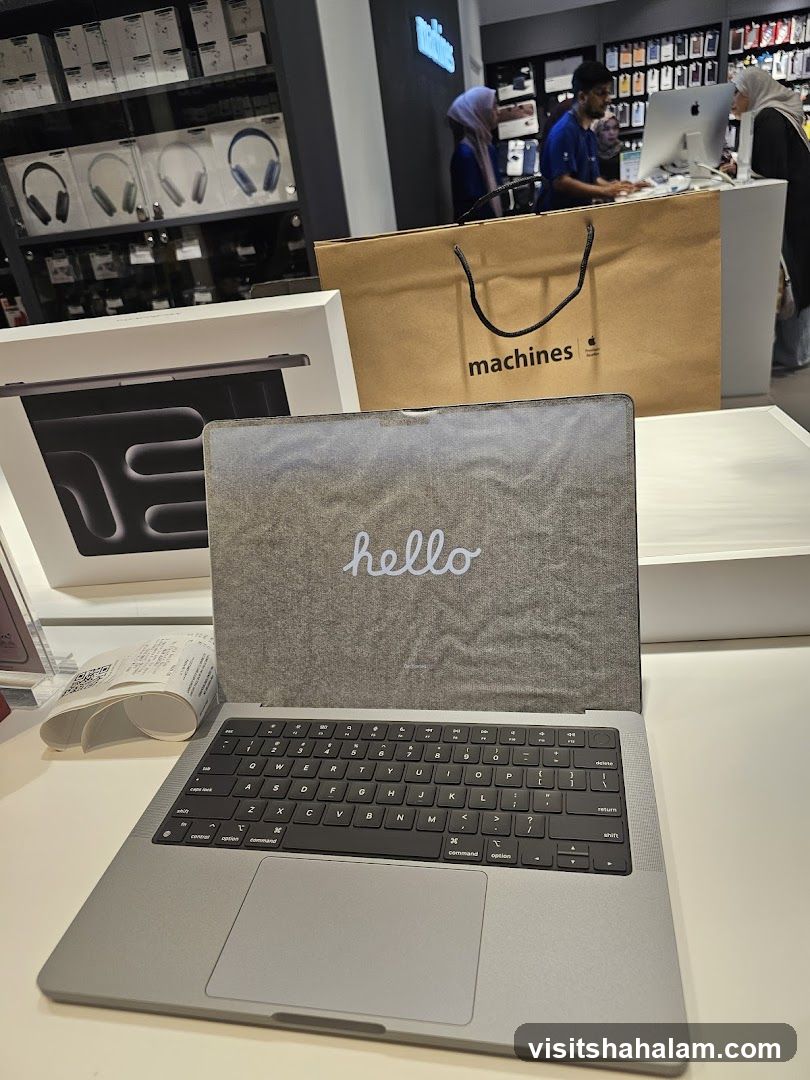 MacBook Pro with "hello" screen