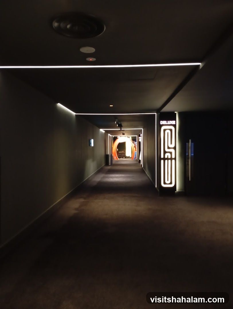 Dark Hallway with Neon Signage