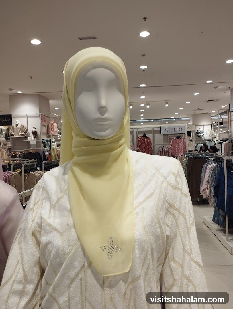 Mannequin wearing a yellow hijab and white patterned abaya