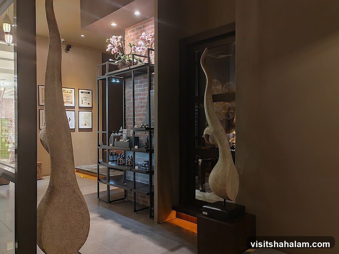 Interior of a store with decorative sculptures and shelves of products