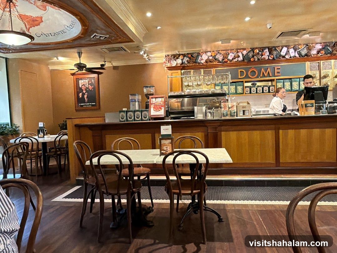 Interior of a cafe with seating and a counter