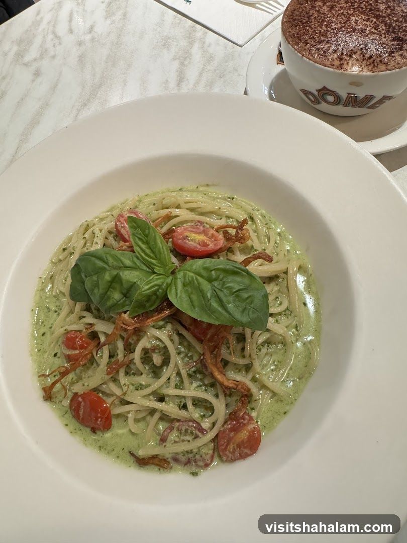 Pesto Pasta and Cappuccino