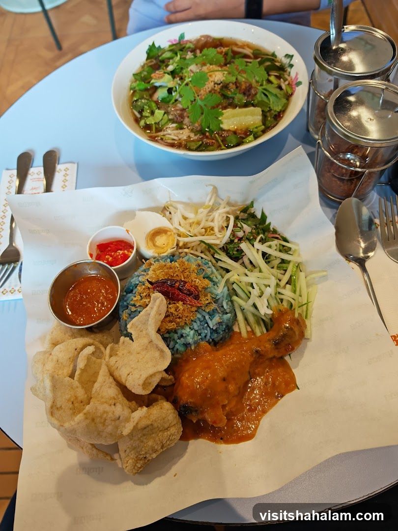 Nasi Kerabu with Chicken and Soup