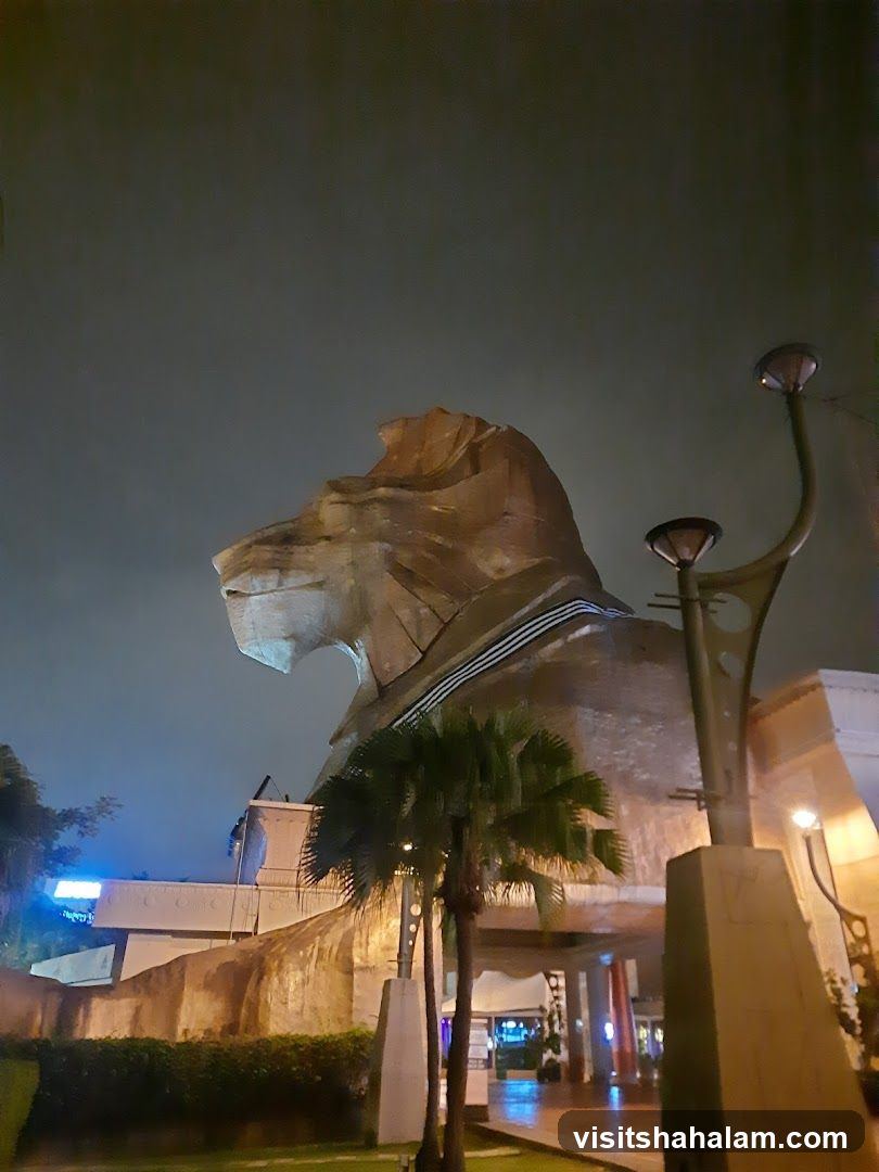 Lion Head Sculpture at Night