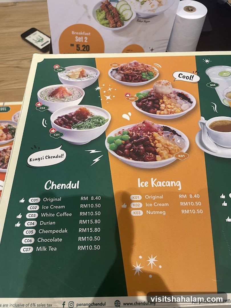 Chendul and Ice Kacang Menu