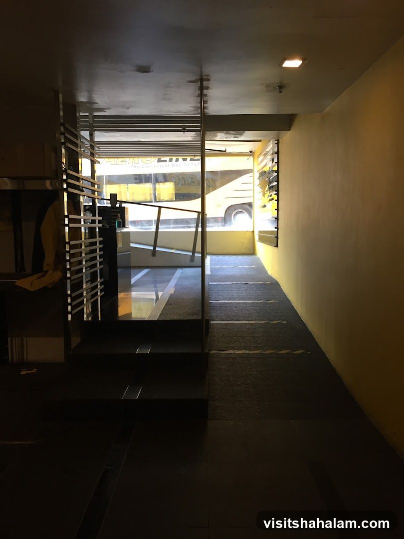 Entrance with a bus visible through the window