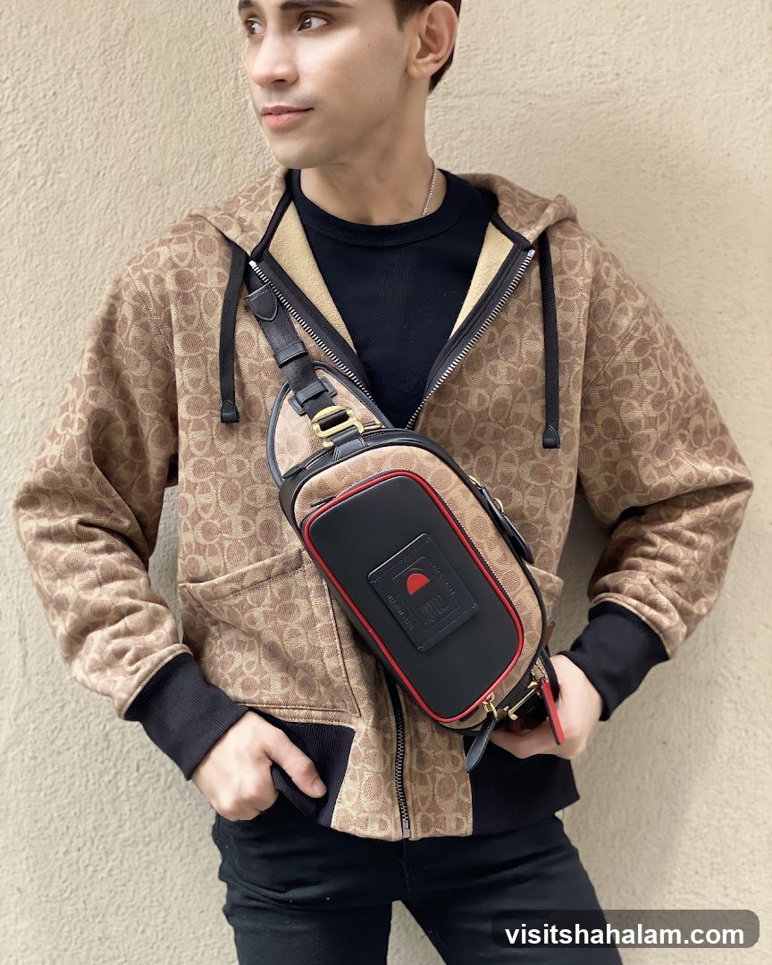 Man wearing a patterned jacket and carrying a sling bag