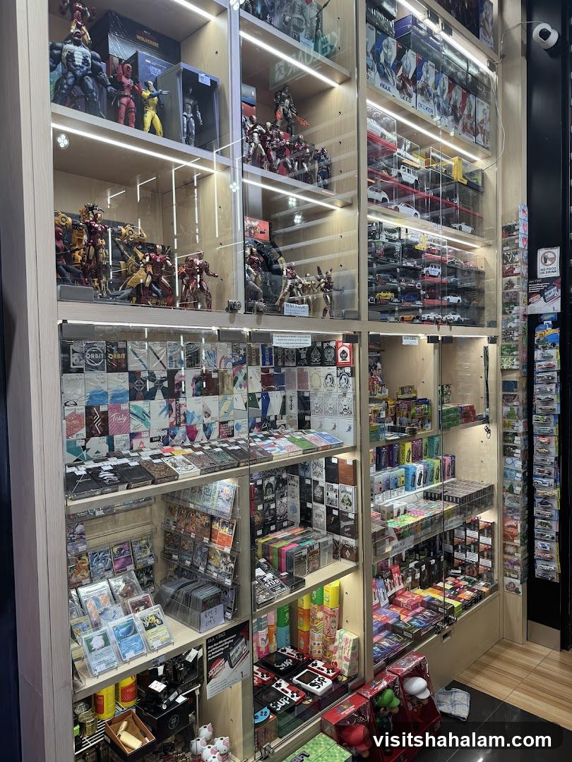 Display shelves with collectibles and merchandise